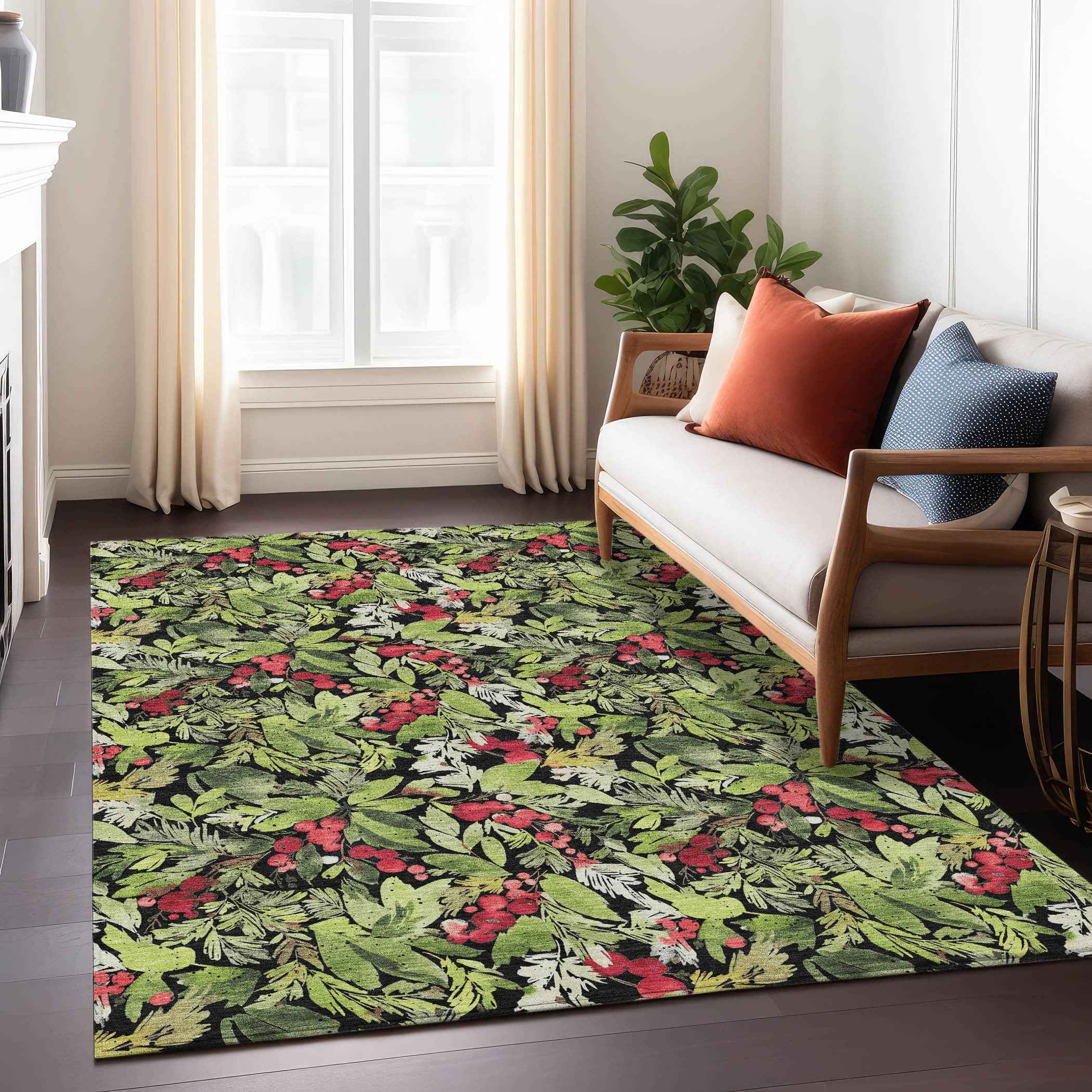 3' X 5' Black Green And Red Botanical Leaves Washable Indoor Outdoor Area Rug