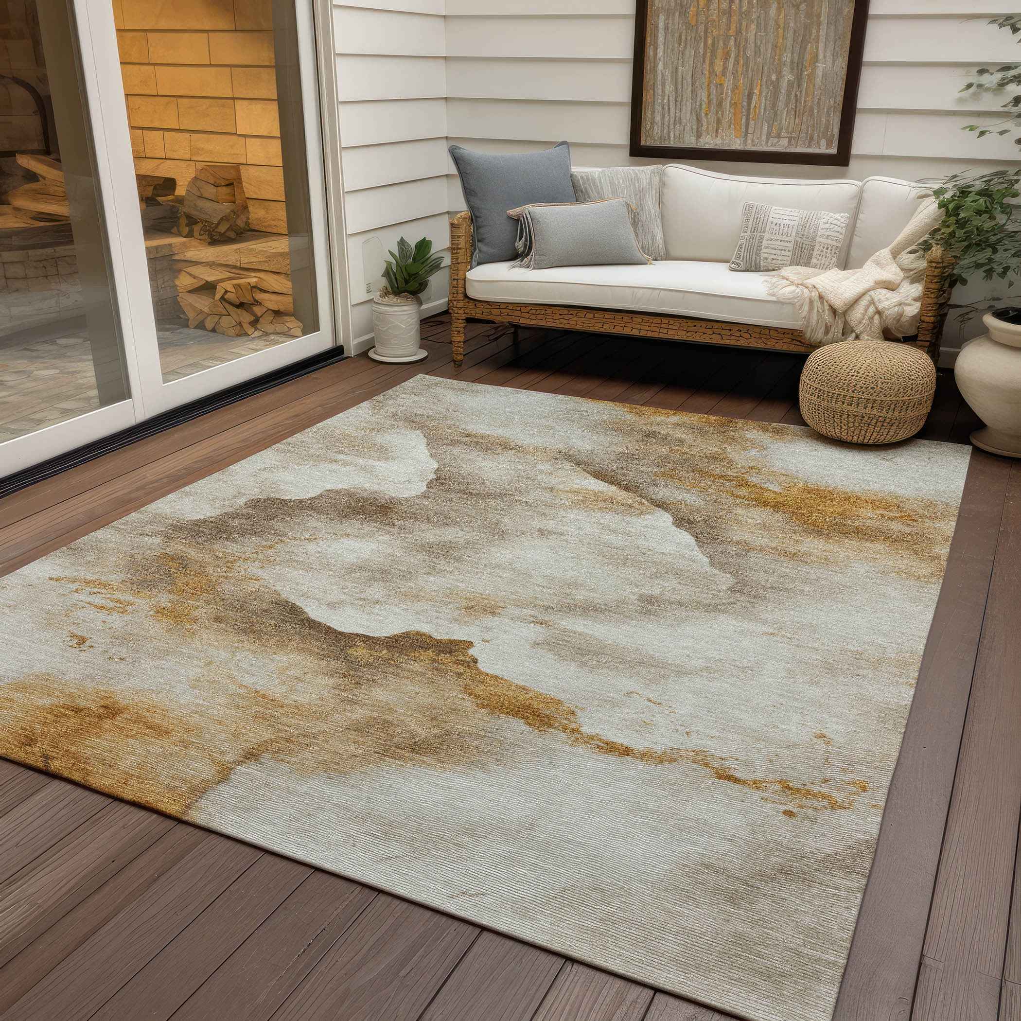 10' X 14' Beige And Gold Abstract Washable Indoor Outdoor Area Rug