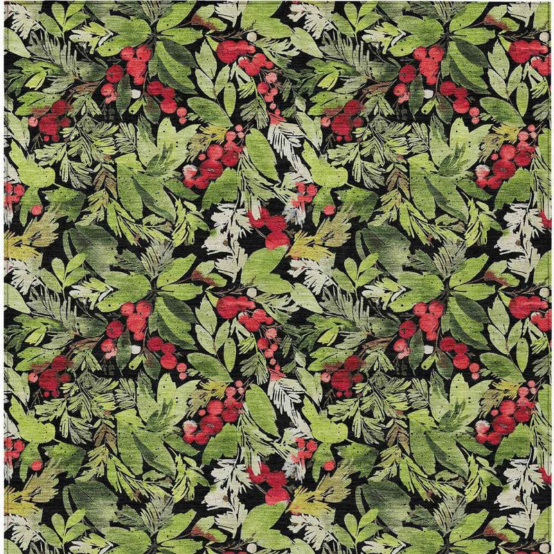 3' X 5' Black Green And Red Botanical Leaves Washable Indoor Outdoor Area Rug