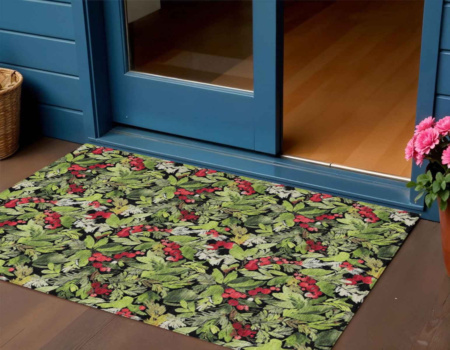 3' X 5' Black Green And Red Botanical Leaves Washable Indoor Outdoor Area Rug