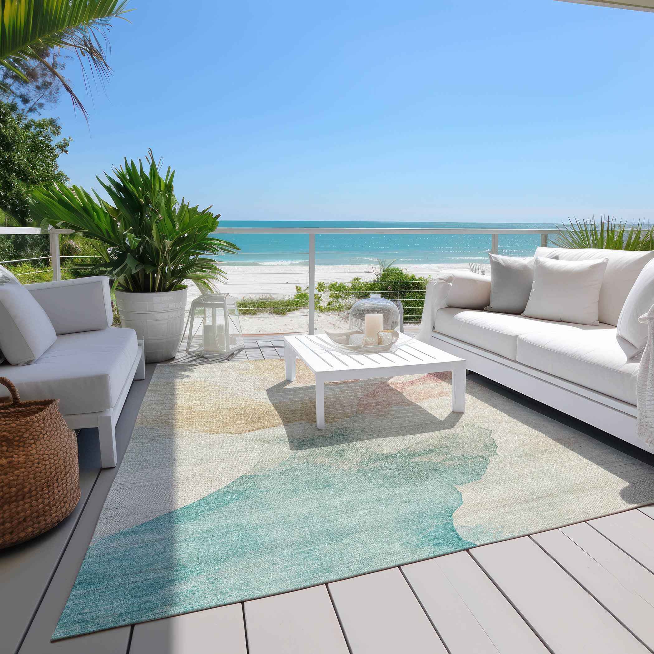 8' X 10' Pearl Ivory Beige And Teal Blue Abstract Washable Indoor Outdoor Area Rug