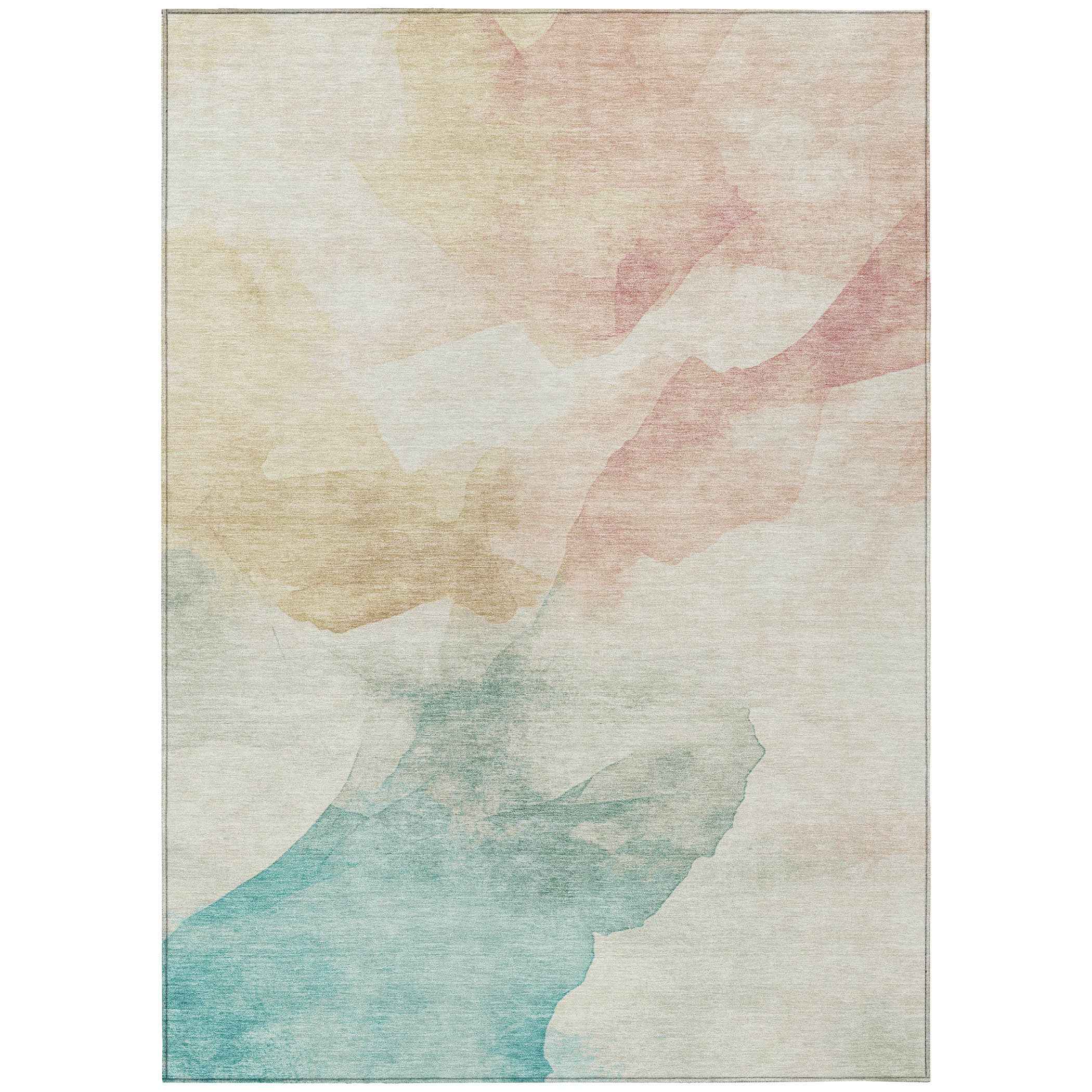 8' X 10' Pearl Ivory Beige And Teal Blue Abstract Washable Indoor Outdoor Area Rug