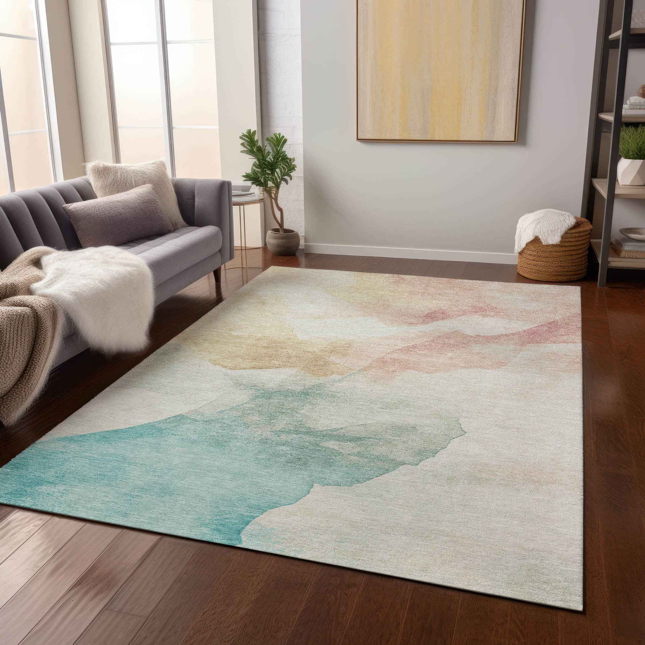 8' X 10' Pearl Ivory Beige And Teal Blue Abstract Washable Indoor Outdoor Area Rug