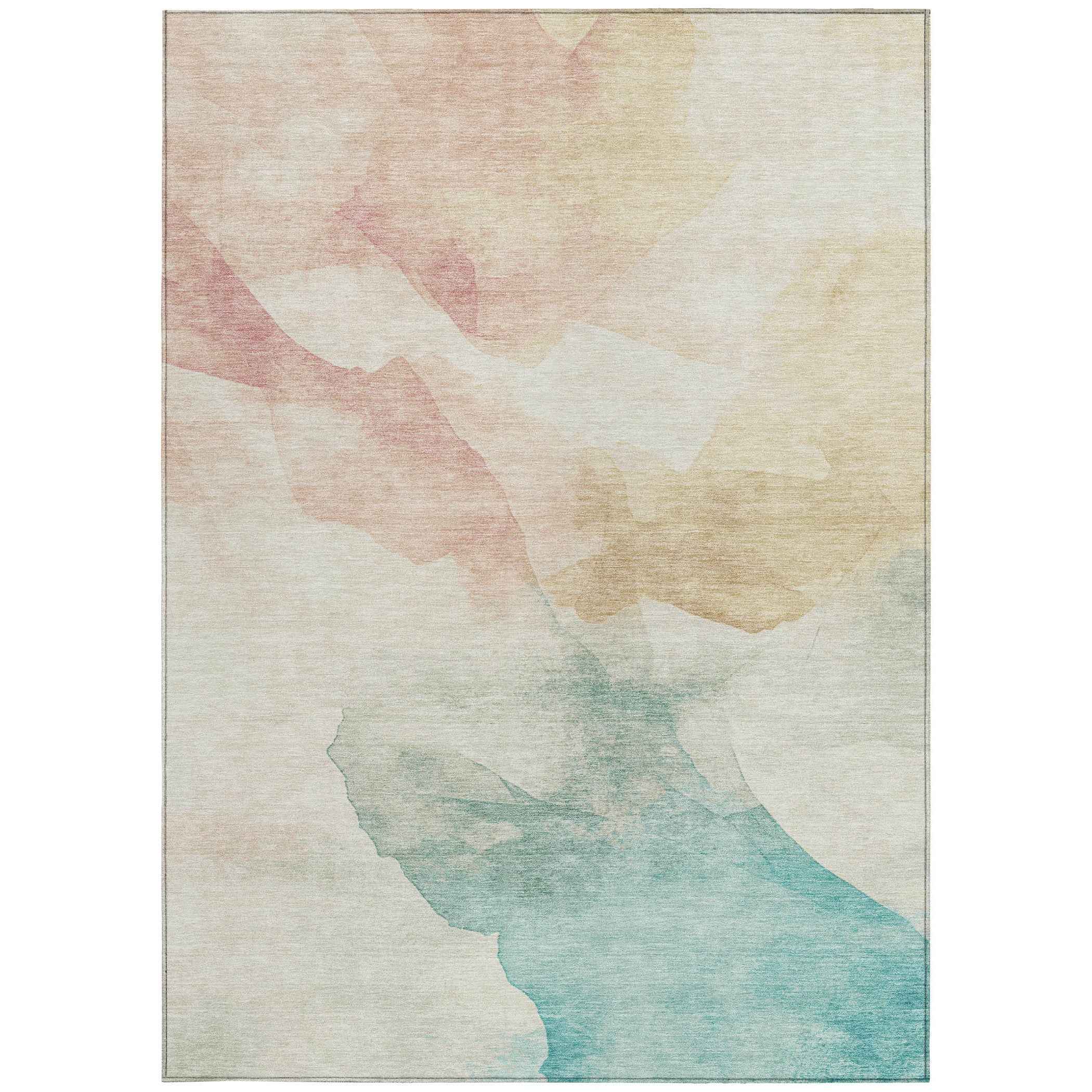 8' X 10' Pearl Ivory Beige And Teal Blue Abstract Washable Indoor Outdoor Area Rug