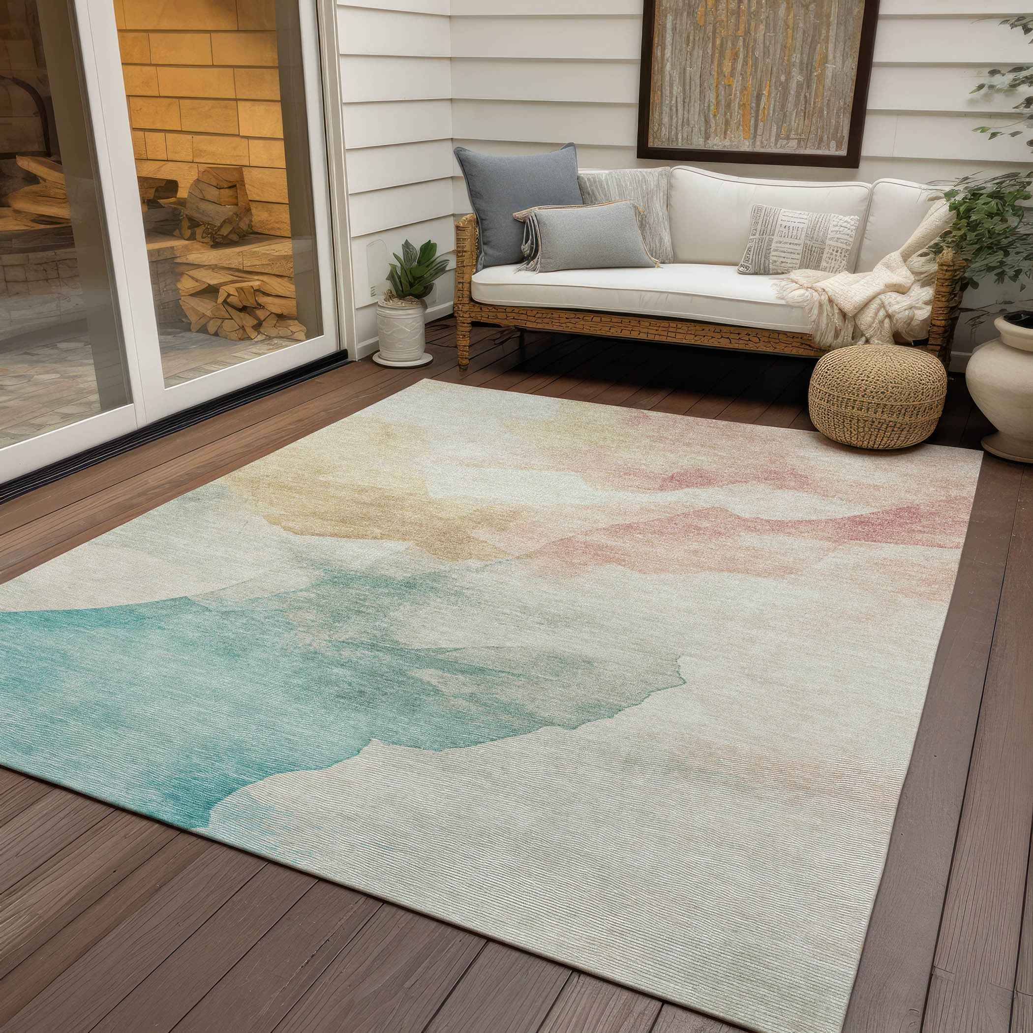 8' X 10' Pearl Ivory Beige And Teal Blue Abstract Washable Indoor Outdoor Area Rug