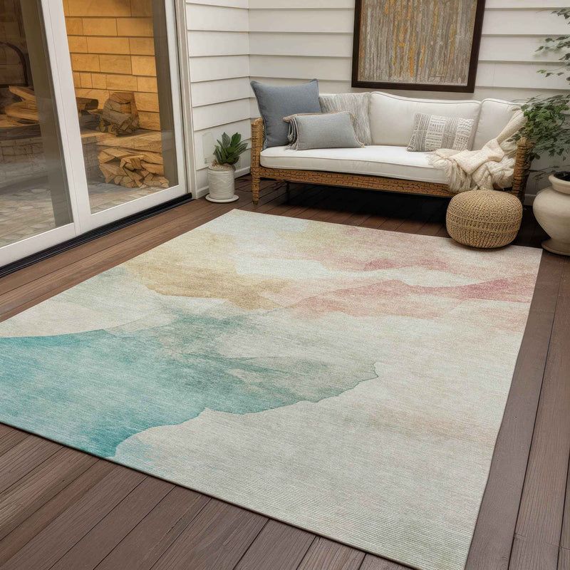 8' X 10' Pearl Ivory Beige And Teal Blue Abstract Washable Indoor Outdoor Area Rug