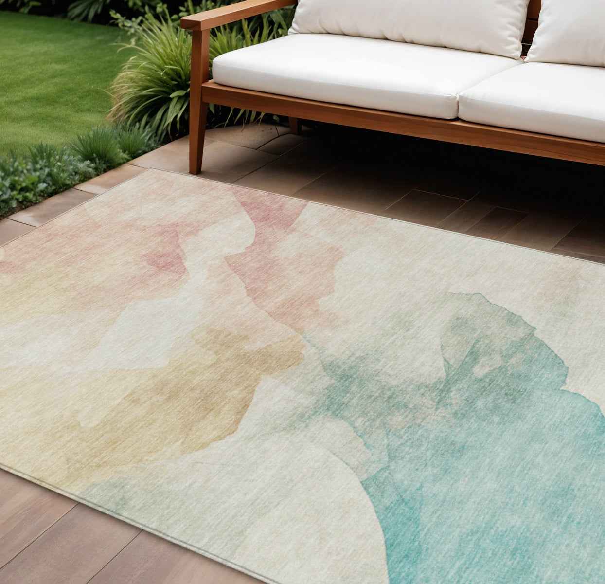 8' X 10' Pearl Ivory Beige And Teal Blue Abstract Washable Indoor Outdoor Area Rug