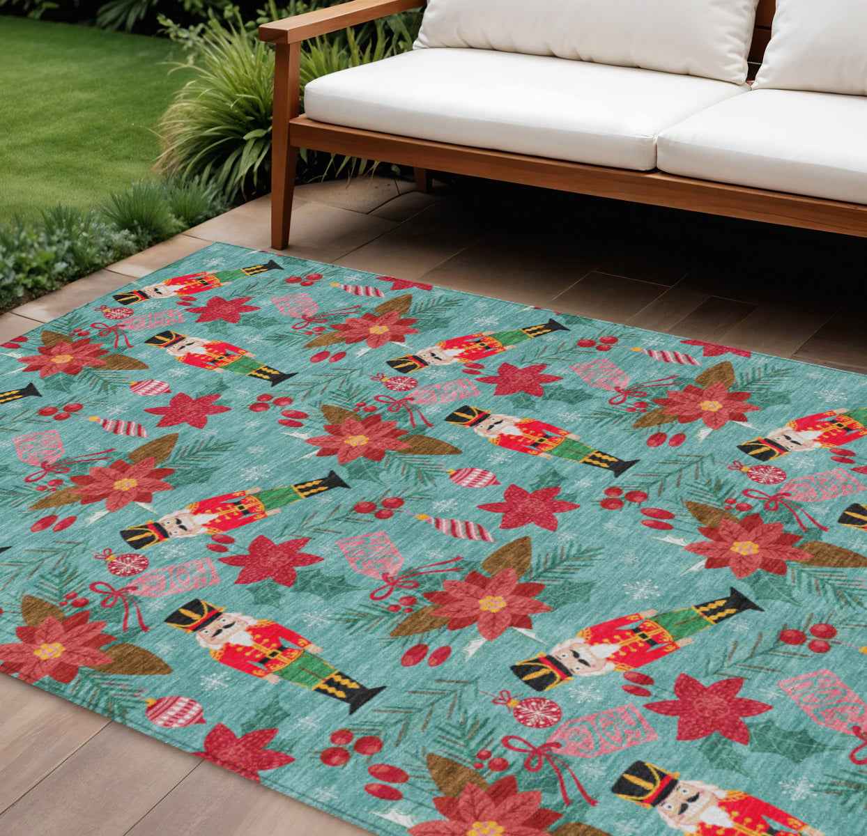 9' X 12' Teal Blue Red Black Pink And Brown Floral Washable Indoor Outdoor Area Rug