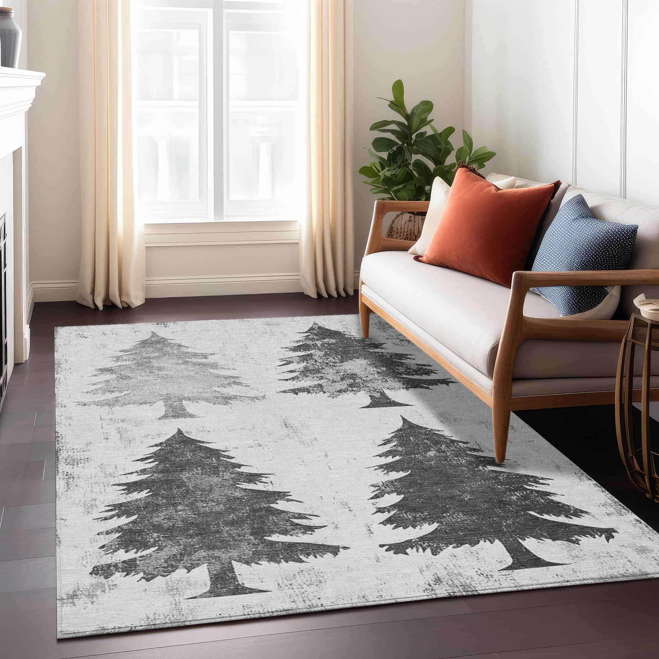 10' X 14' Gray And Silver Botanical Leaves Washable Indoor Outdoor Area Rug