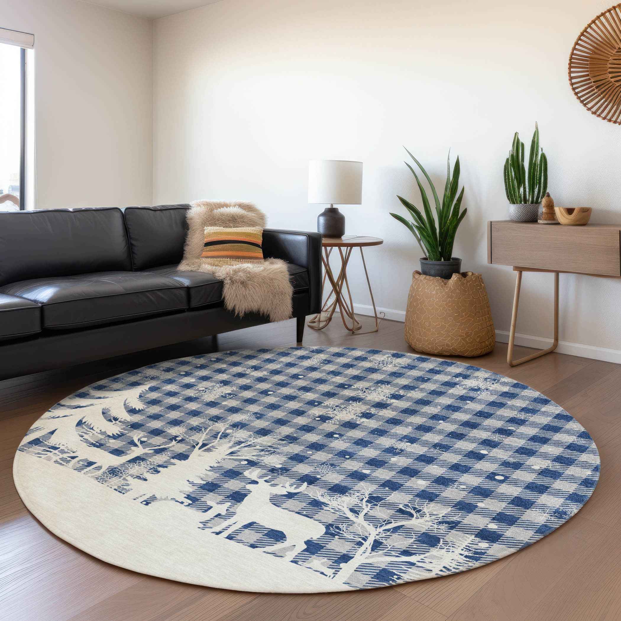8' Blue Ivory And Gray Round Plaid Washable Indoor Outdoor Area Rug Default Title