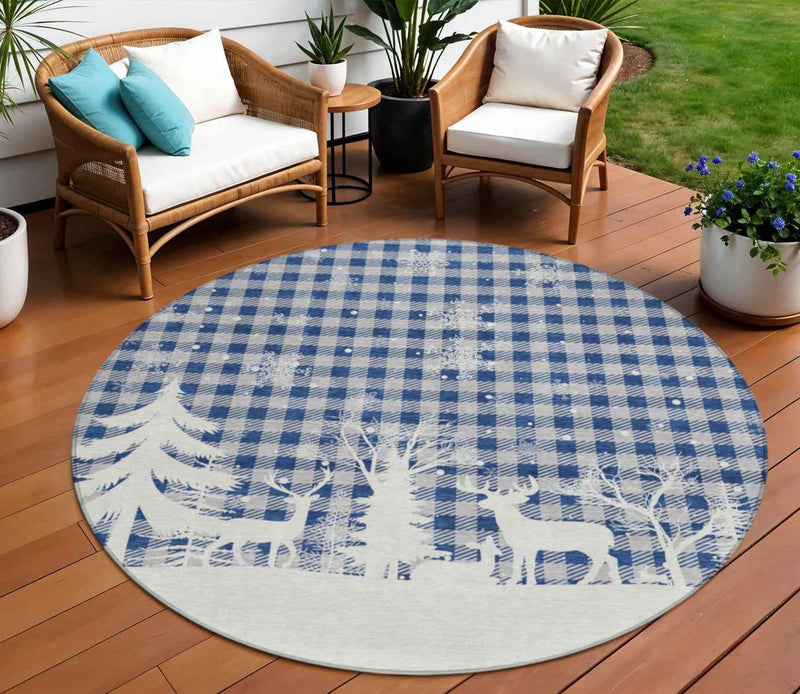 8' Blue Ivory And Gray Round Plaid Washable Indoor Outdoor Area Rug