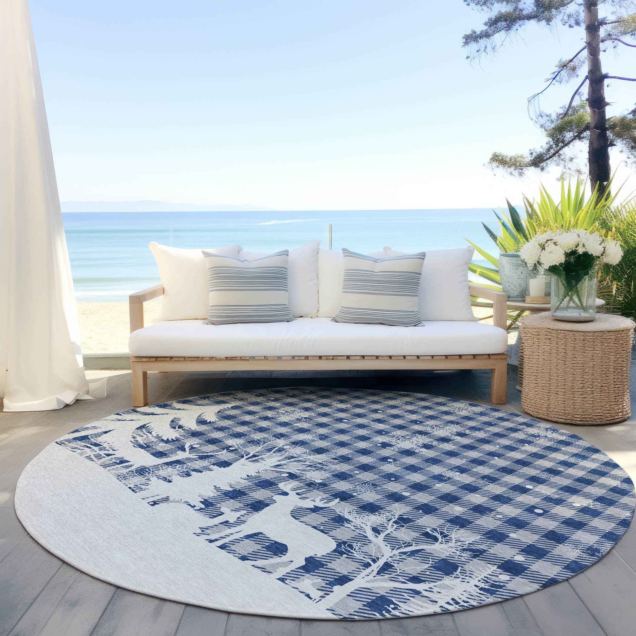 8' Blue Ivory And Gray Round Plaid Washable Indoor Outdoor Area Rug