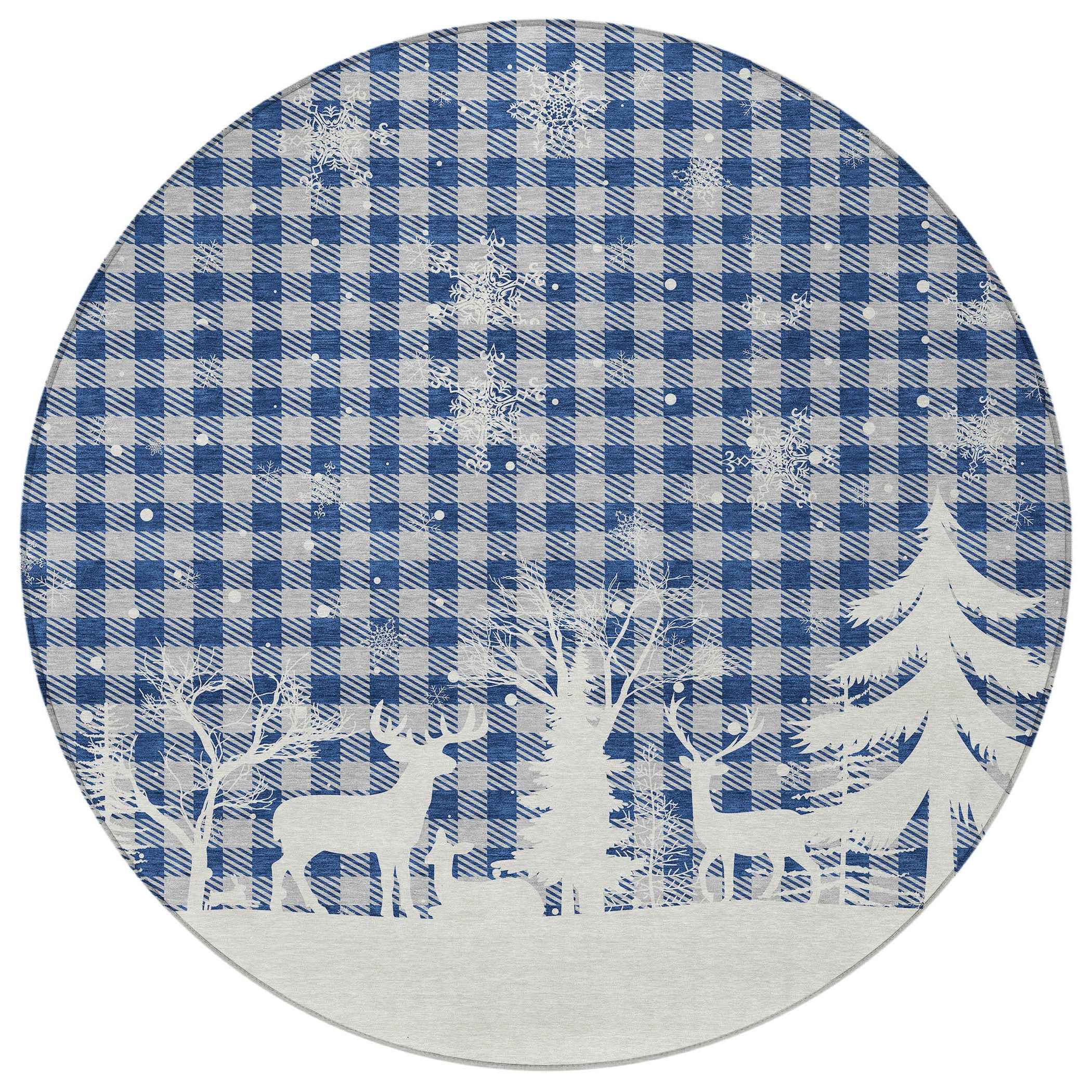 8' Blue Ivory And Gray Round Plaid Washable Indoor Outdoor Area Rug
