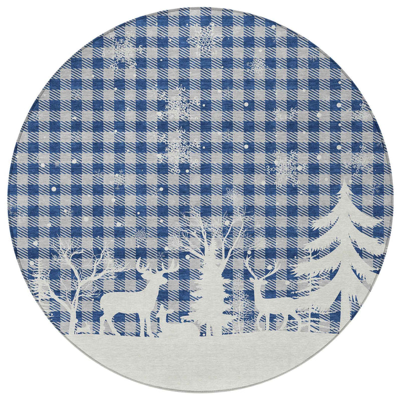 8' Blue Ivory And Gray Round Plaid Washable Indoor Outdoor Area Rug