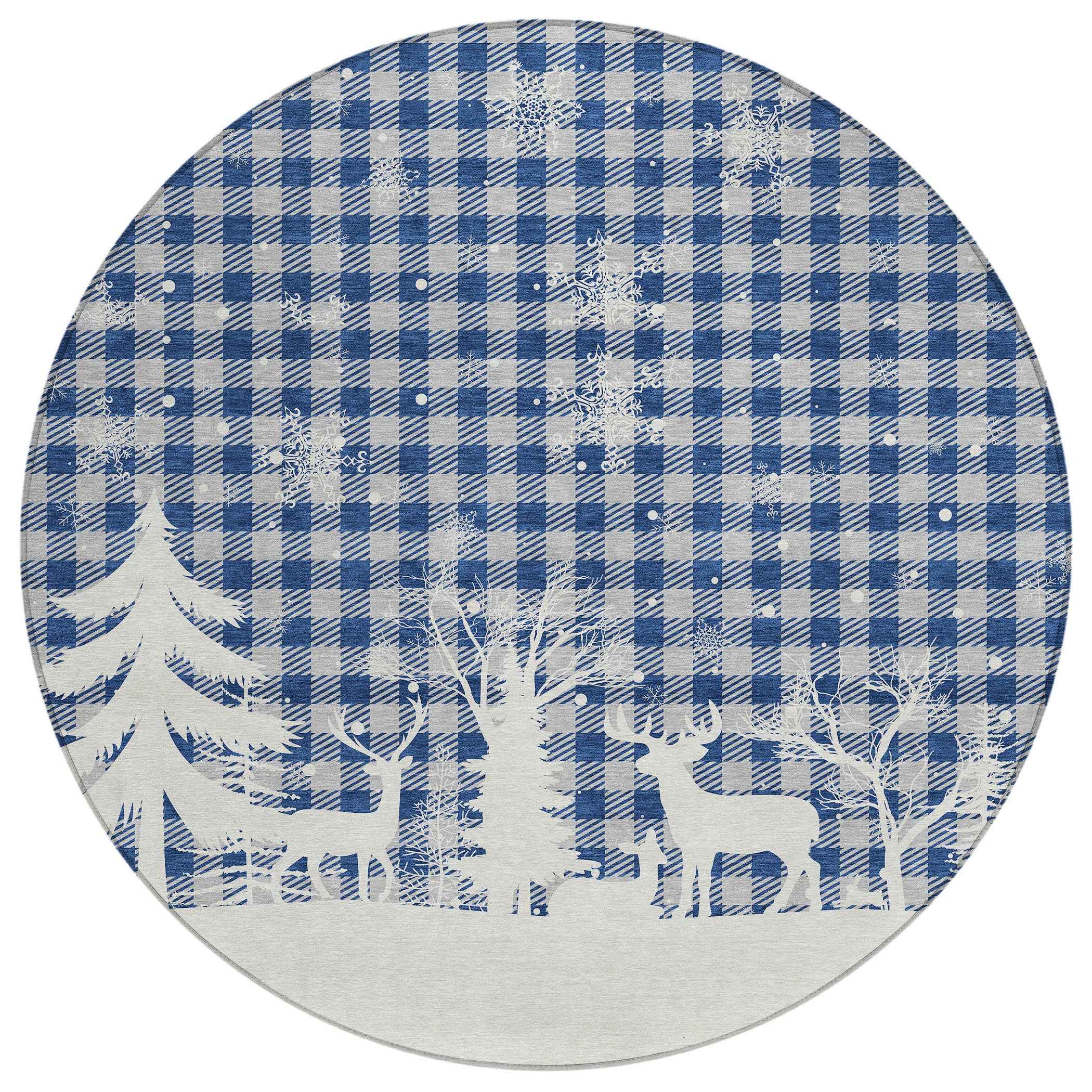 8' Blue Ivory And Gray Round Plaid Washable Indoor Outdoor Area Rug