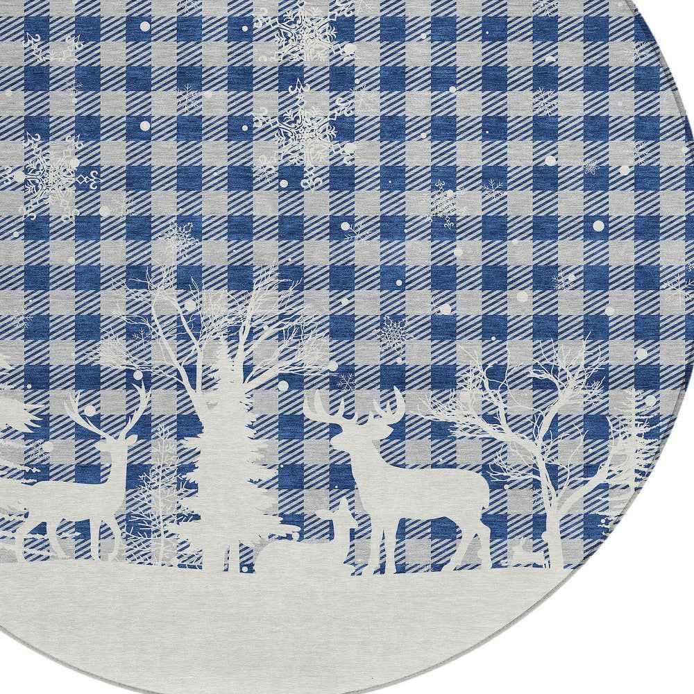 8' Blue Ivory And Gray Round Plaid Washable Indoor Outdoor Area Rug