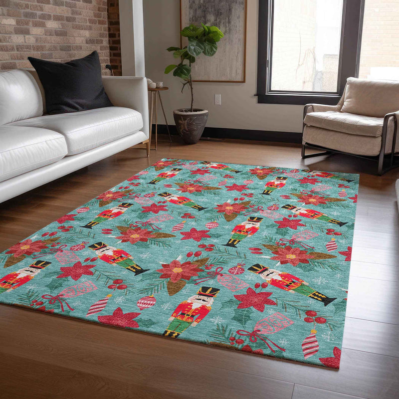 5' X 8' Teal Blue Red Black Pink And Brown Floral Washable Indoor Outdoor Area Rug