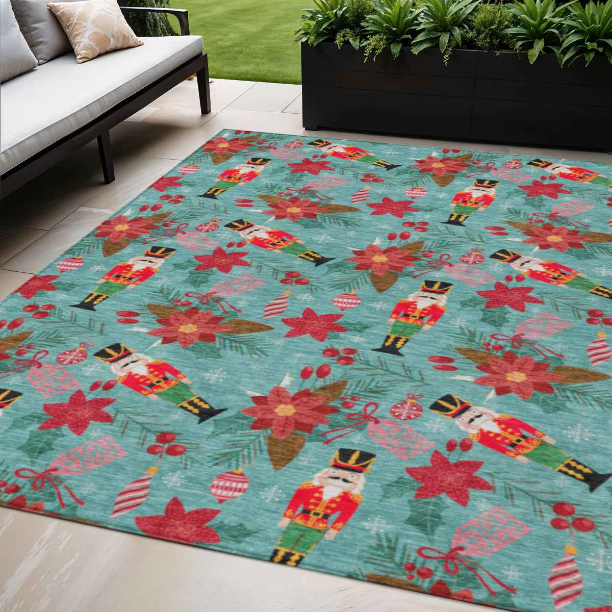 5' X 8' Teal Blue Red Black Pink And Brown Floral Washable Indoor Outdoor Area Rug