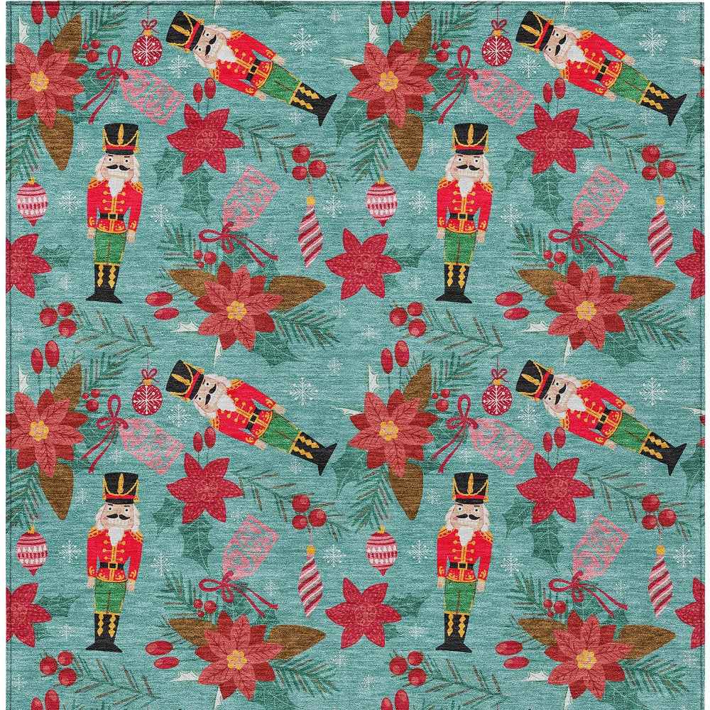 5' X 8' Teal Blue Red Black Pink And Brown Floral Washable Indoor Outdoor Area Rug