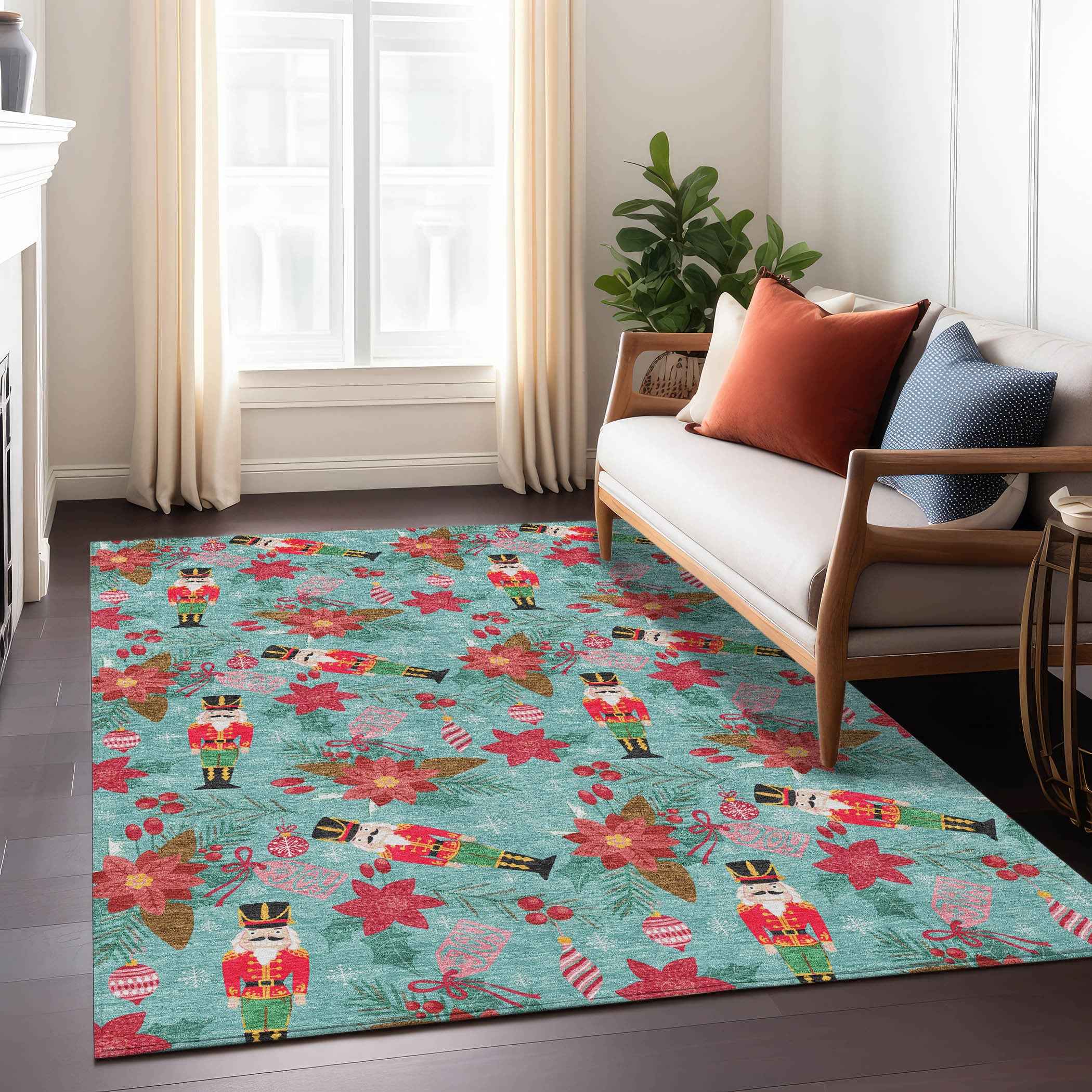 5' X 8' Teal Blue Red Black Pink And Brown Floral Washable Indoor Outdoor Area Rug