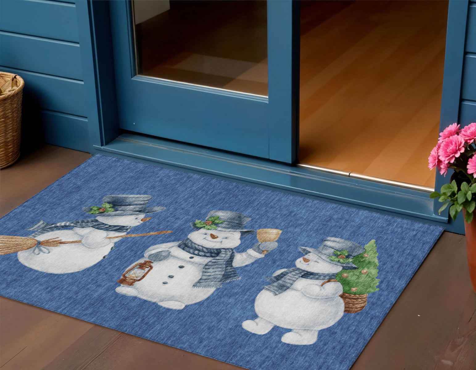 3' X 5' Navy Blue Denim Blue And Ivory Botanical Leaves Washable Indoor Outdoor Area Rug