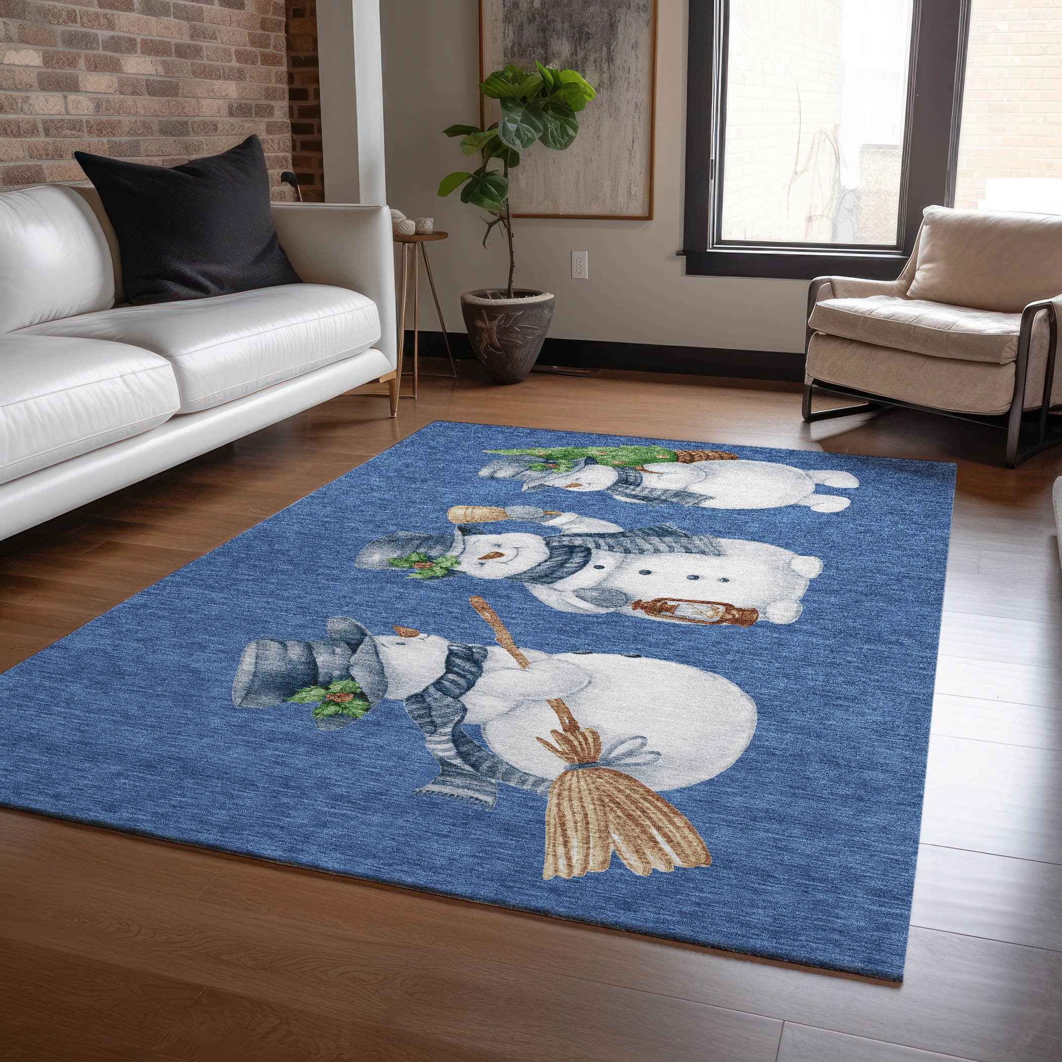 3' X 5' Navy Blue Denim Blue And Ivory Botanical Leaves Washable Indoor Outdoor Area Rug