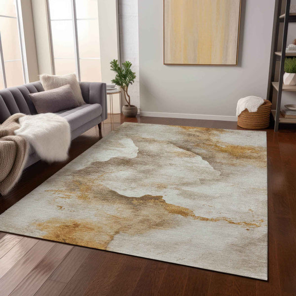 9' X 12' Beige And Gold Abstract Washable Indoor Outdoor Area Rug