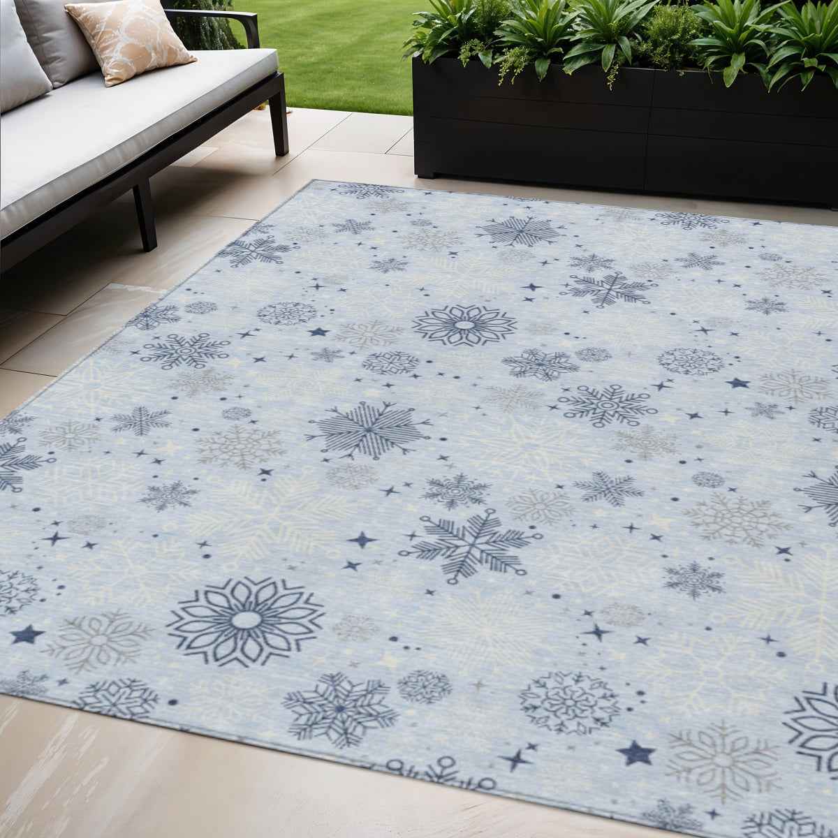 5' X 8' Sky Blue Navy Blue And Ivory Medallion Washable Indoor Outdoor Area Rug