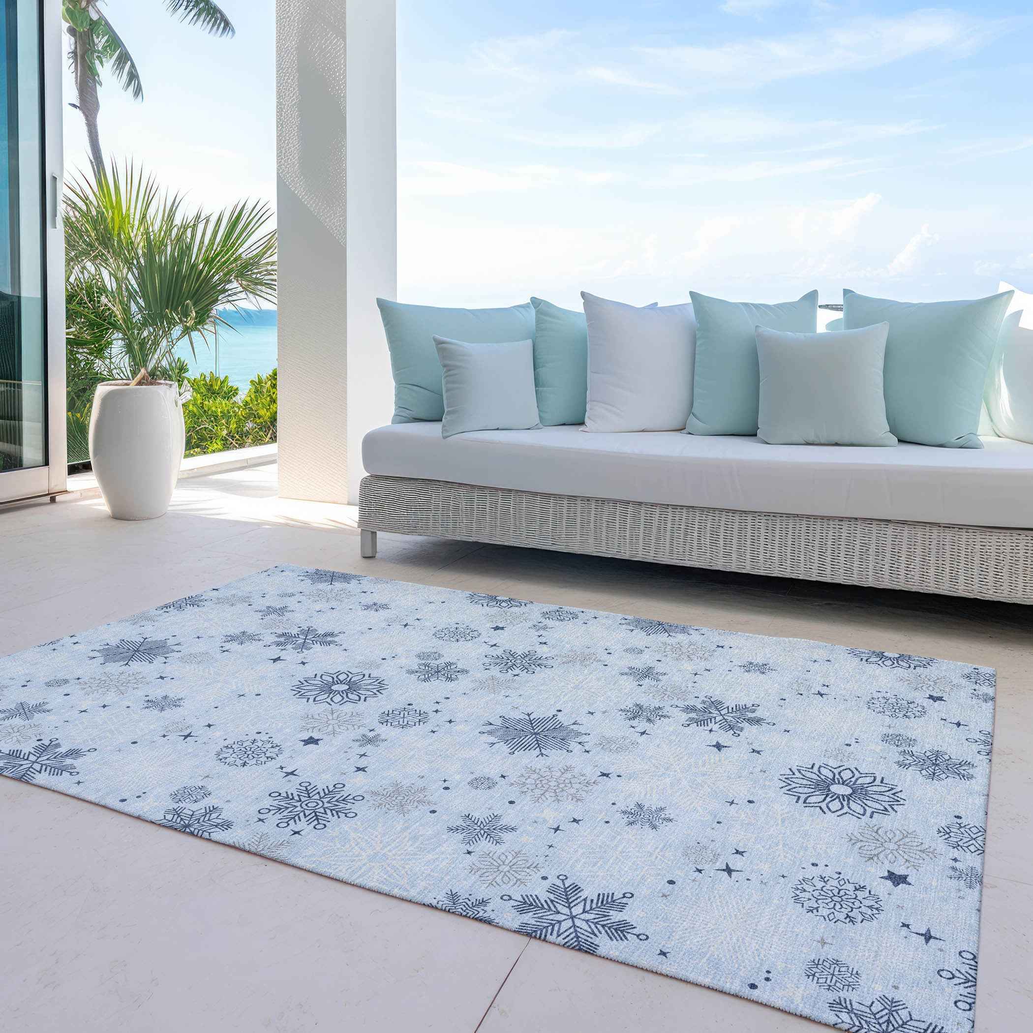 5' X 8' Sky Blue Navy Blue And Ivory Medallion Washable Indoor Outdoor Area Rug