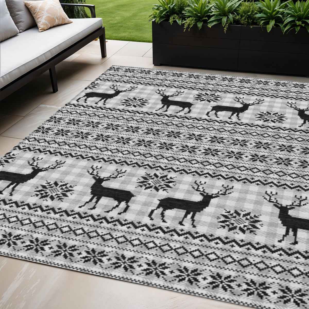 5' X 8' Silver Black And Ivory Animal Print Washable Indoor Outdoor Area Rug