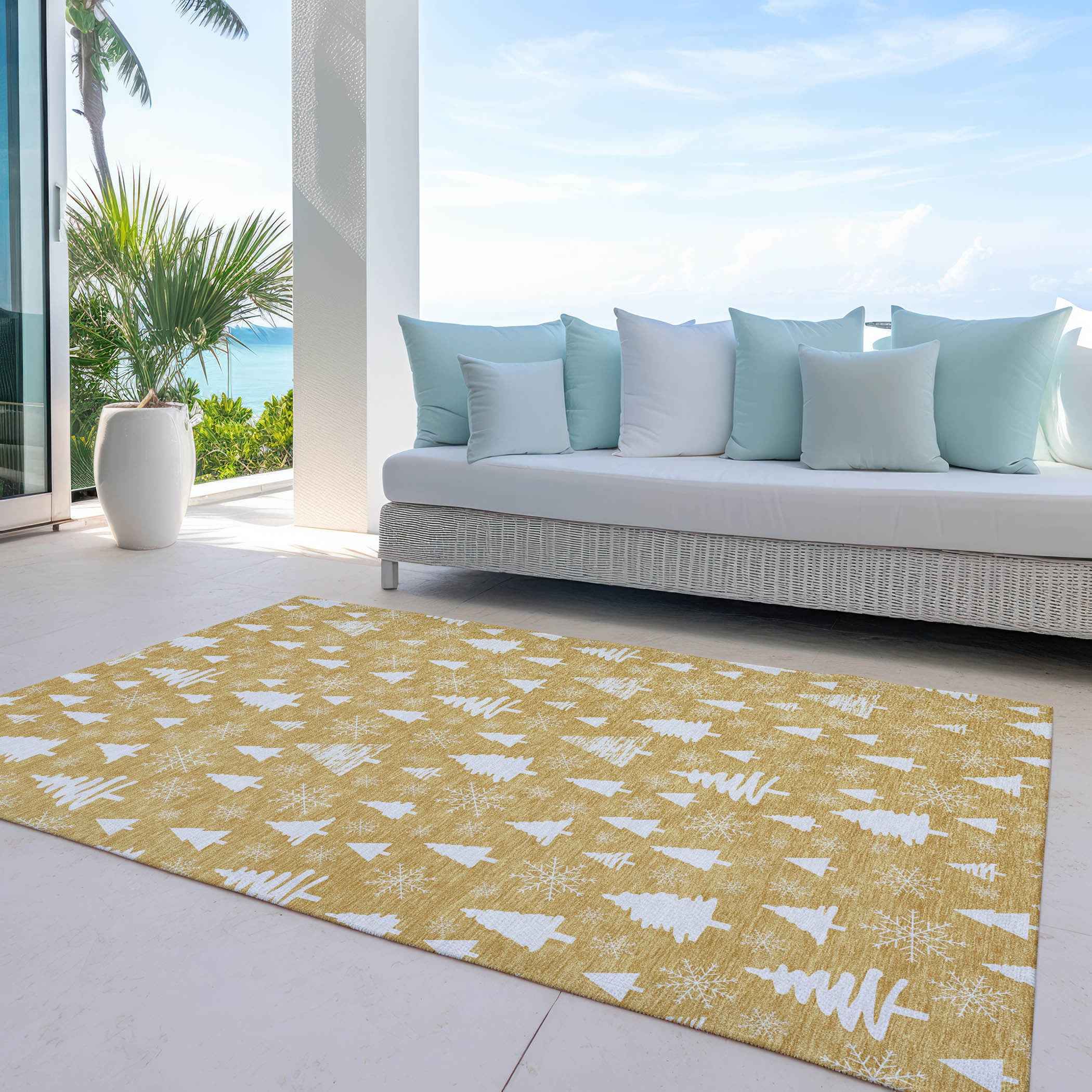 8' X 10' Gold And Ivory Botanical Leaves Washable Indoor Outdoor Area Rug