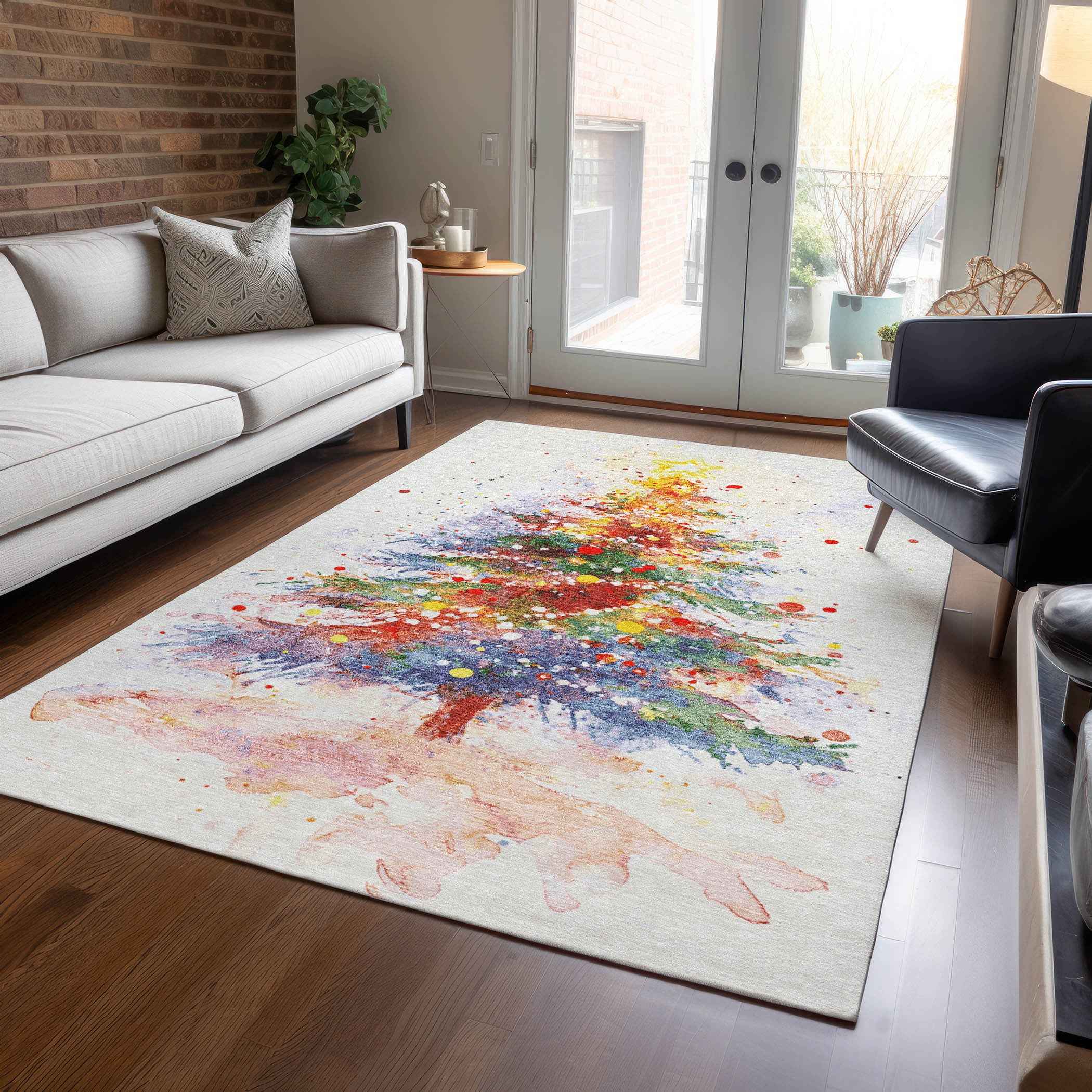 5' X 8' Ivory Green Purple Yellow And Blush Abstract Washable Indoor Outdoor Area Rug