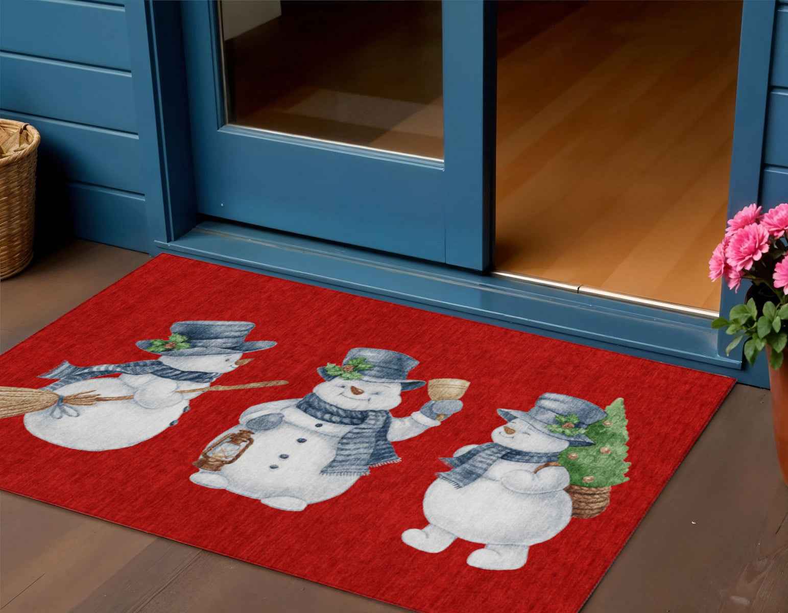 3' X 5' Red Denim Blue And Ivory Botanical Leaves Washable Indoor Outdoor Area Rug