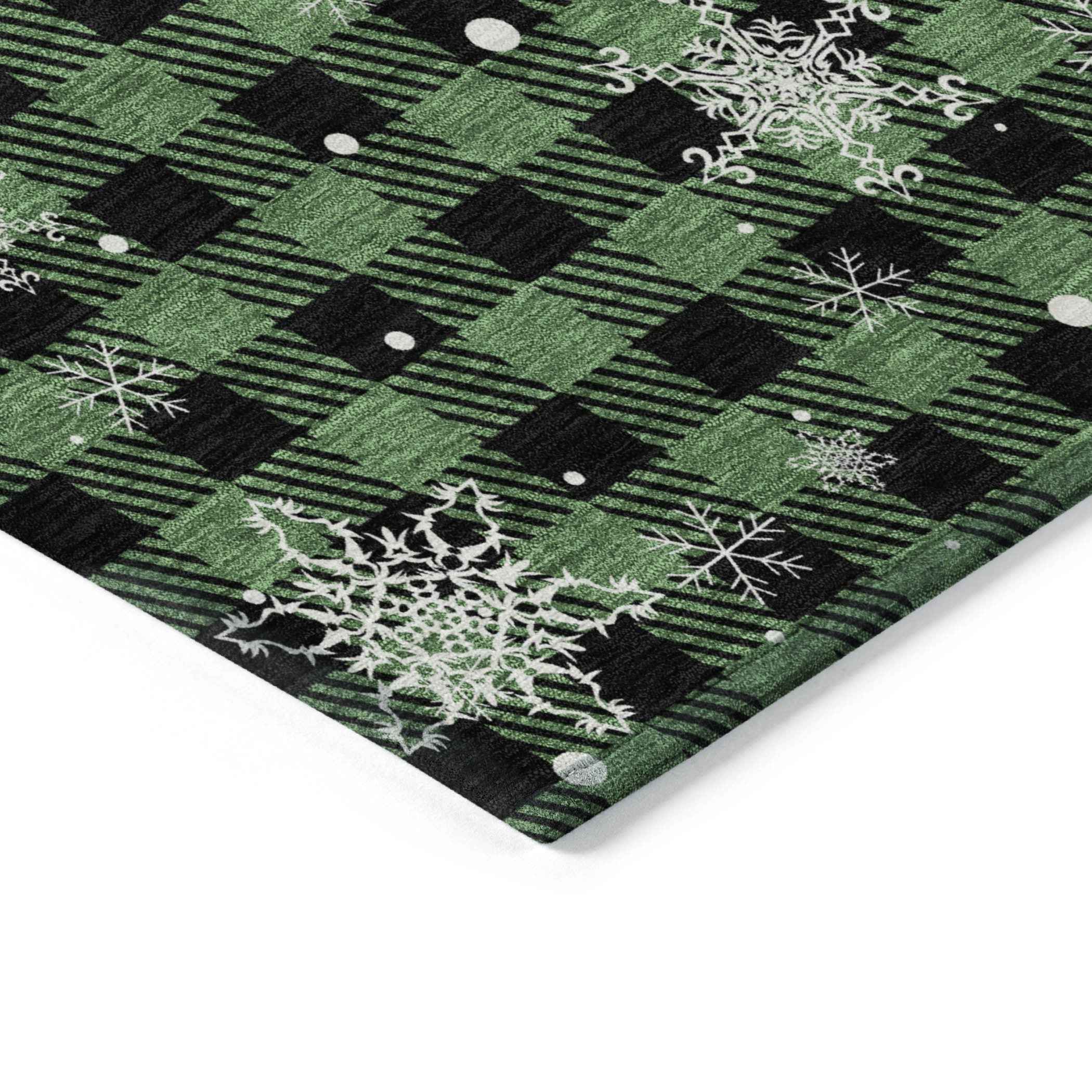 9' X 12' Green Black And Ivory Plaid Washable Indoor Outdoor Area Rug