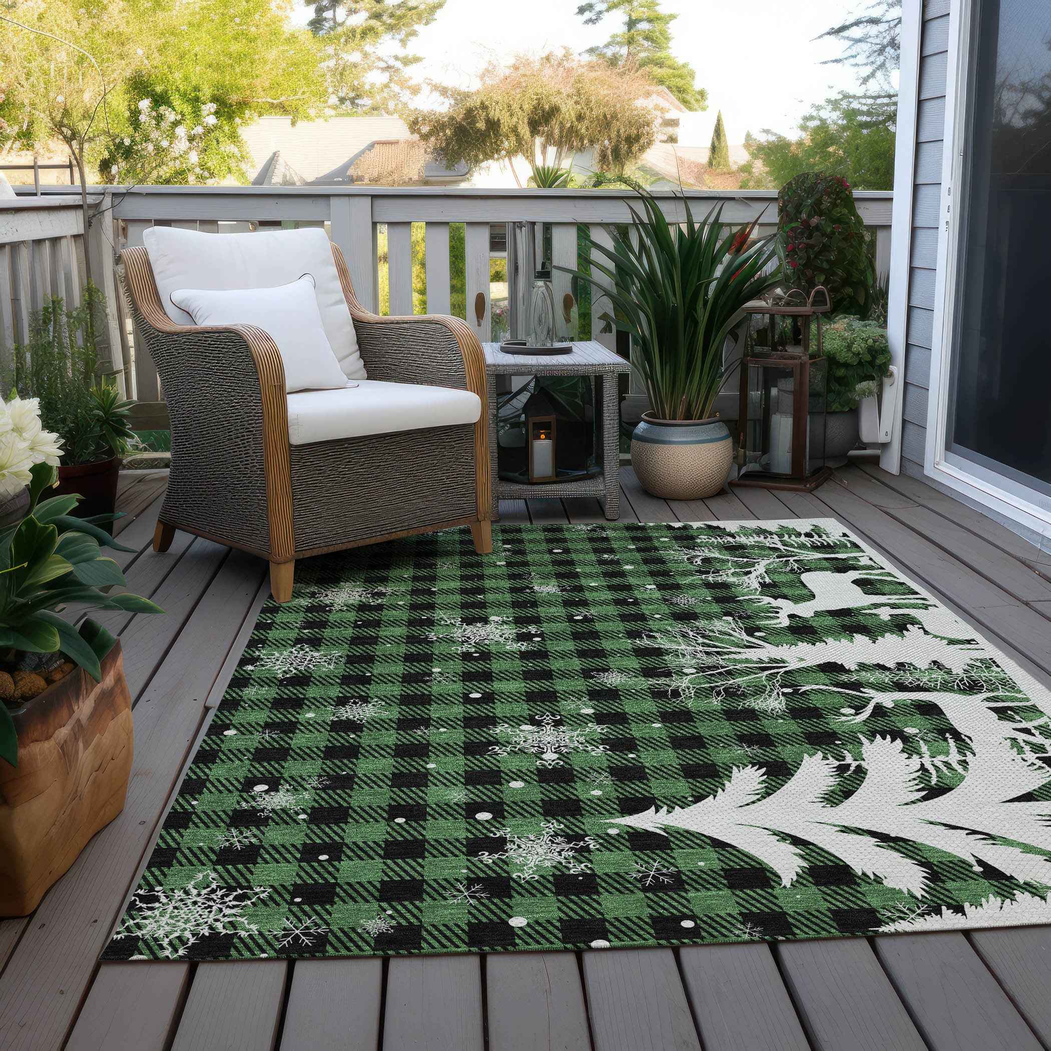 9' X 12' Green Black And Ivory Plaid Washable Indoor Outdoor Area Rug