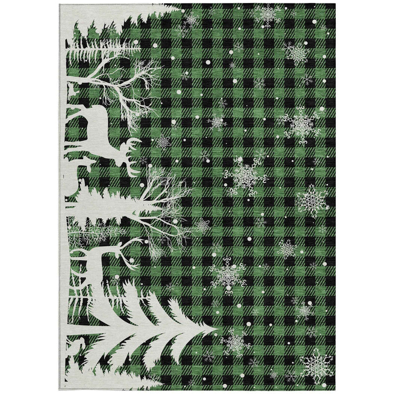 9' X 12' Green Black And Ivory Plaid Washable Indoor Outdoor Area Rug