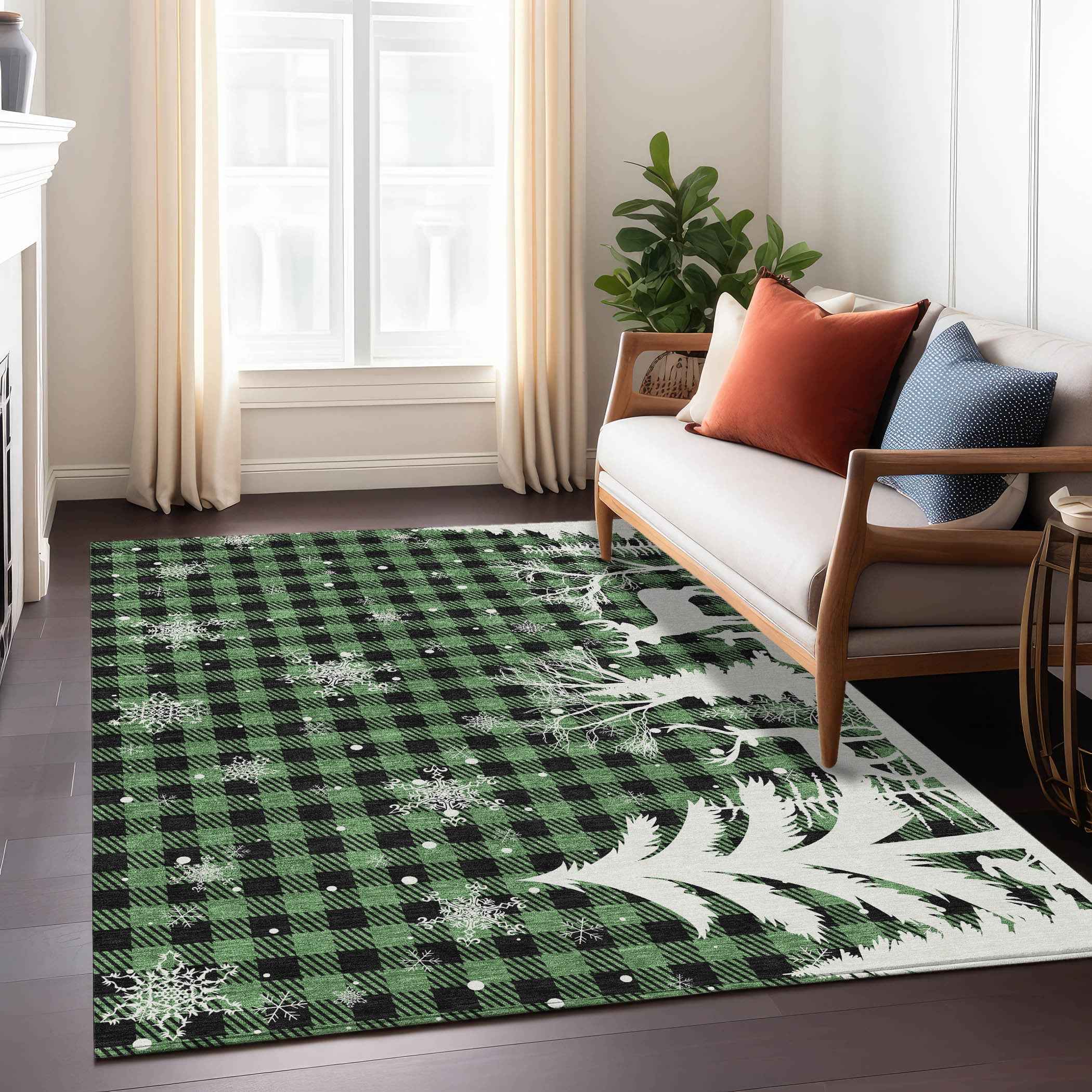 9' X 12' Green Black And Ivory Plaid Washable Indoor Outdoor Area Rug