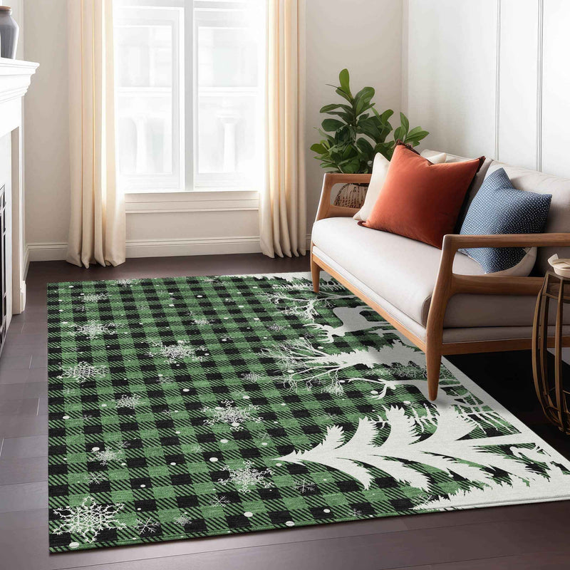 9' X 12' Green Black And Ivory Plaid Washable Indoor Outdoor Area Rug