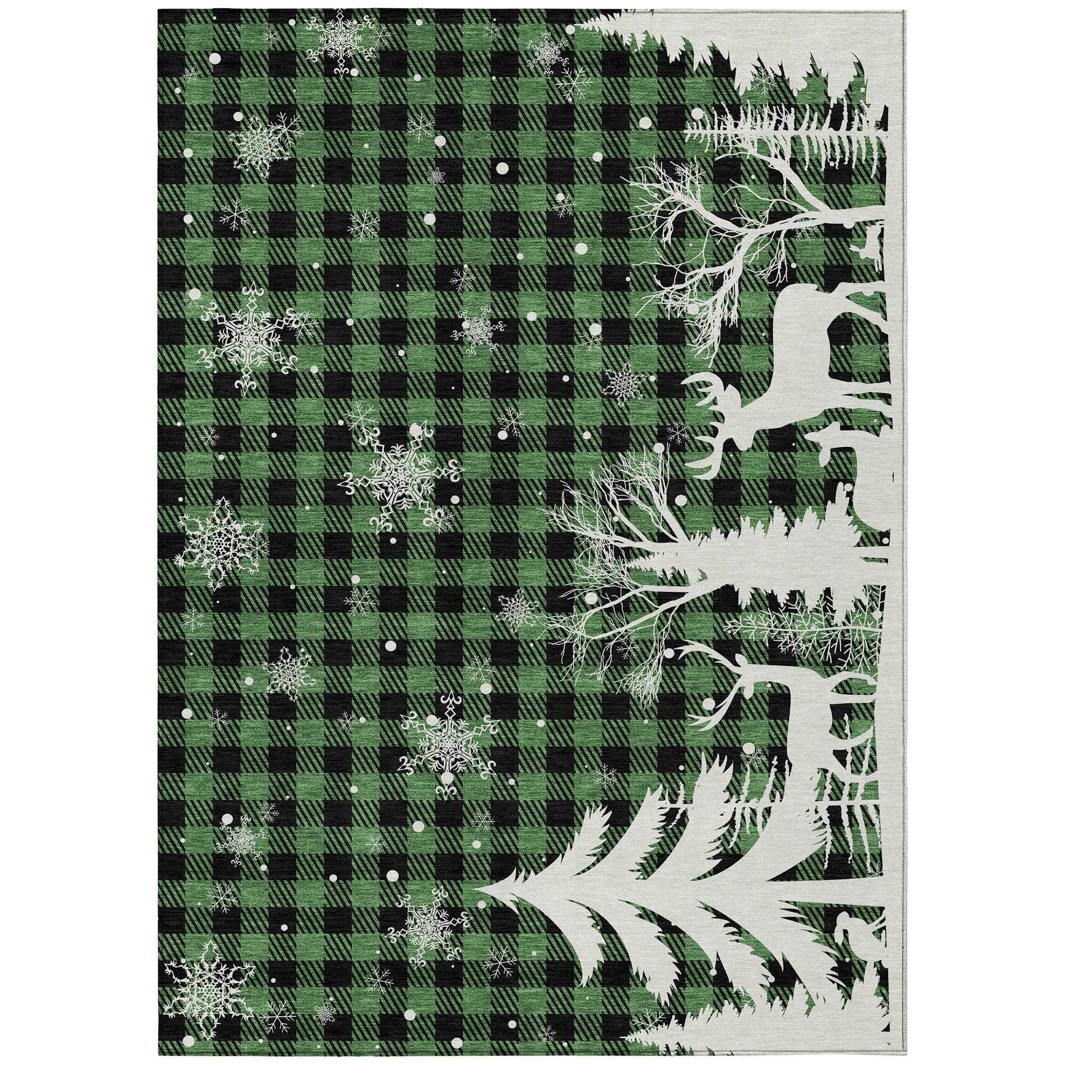 9' X 12' Green Black And Ivory Plaid Washable Indoor Outdoor Area Rug