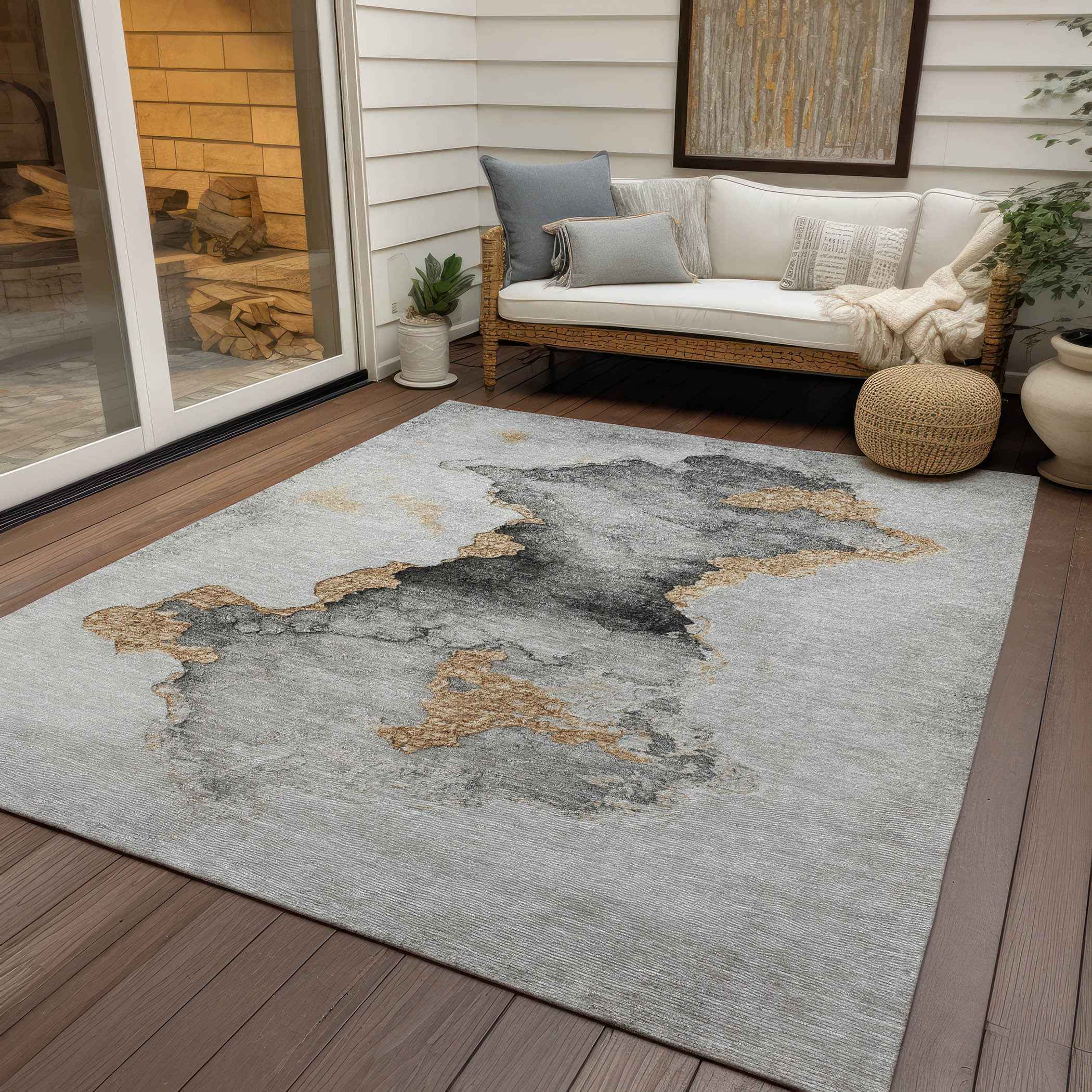 8' X 10' Gray And Gold Abstract Washable Indoor Outdoor Area Rug