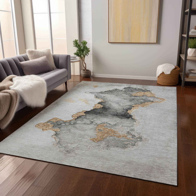 8' X 10' Gray And Gold Abstract Washable Indoor Outdoor Area Rug