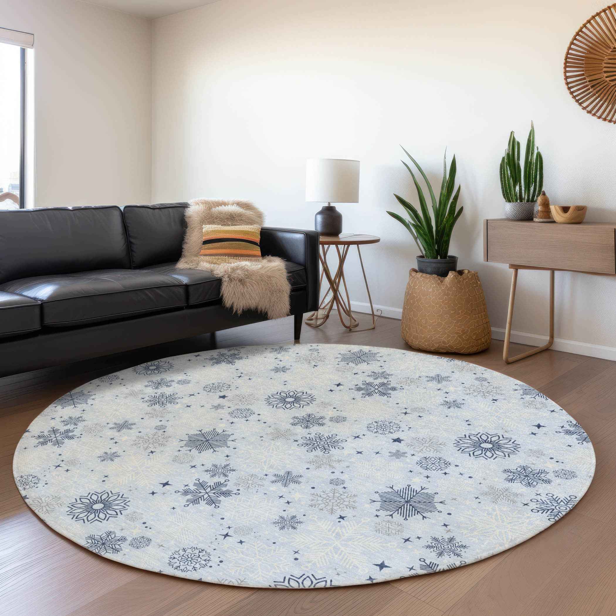 8' Sky Blue Navy Blue And Ivory Round Snowflake Washable Indoor Outdoor Area Rug