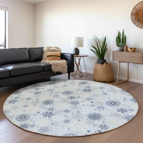 8' Sky Blue Navy Blue And Ivory Round Snowflake Washable Indoor Outdoor Area Rug