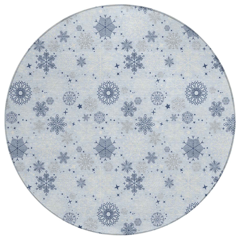 8' Sky Blue Navy Blue And Ivory Round Snowflake Washable Indoor Outdoor Area Rug