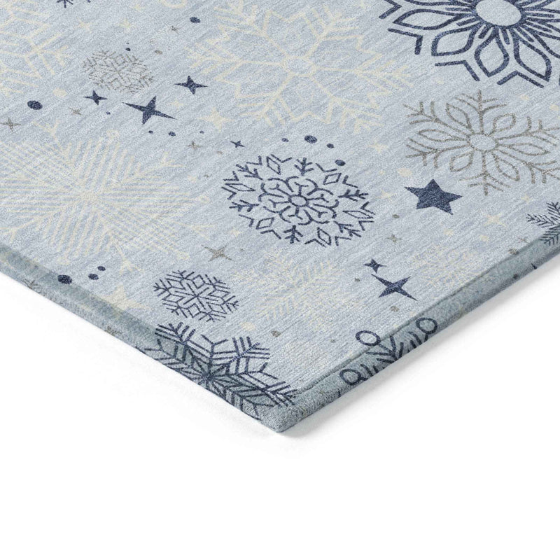 8' Sky Blue Navy Blue And Ivory Round Snowflake Washable Indoor Outdoor Area Rug