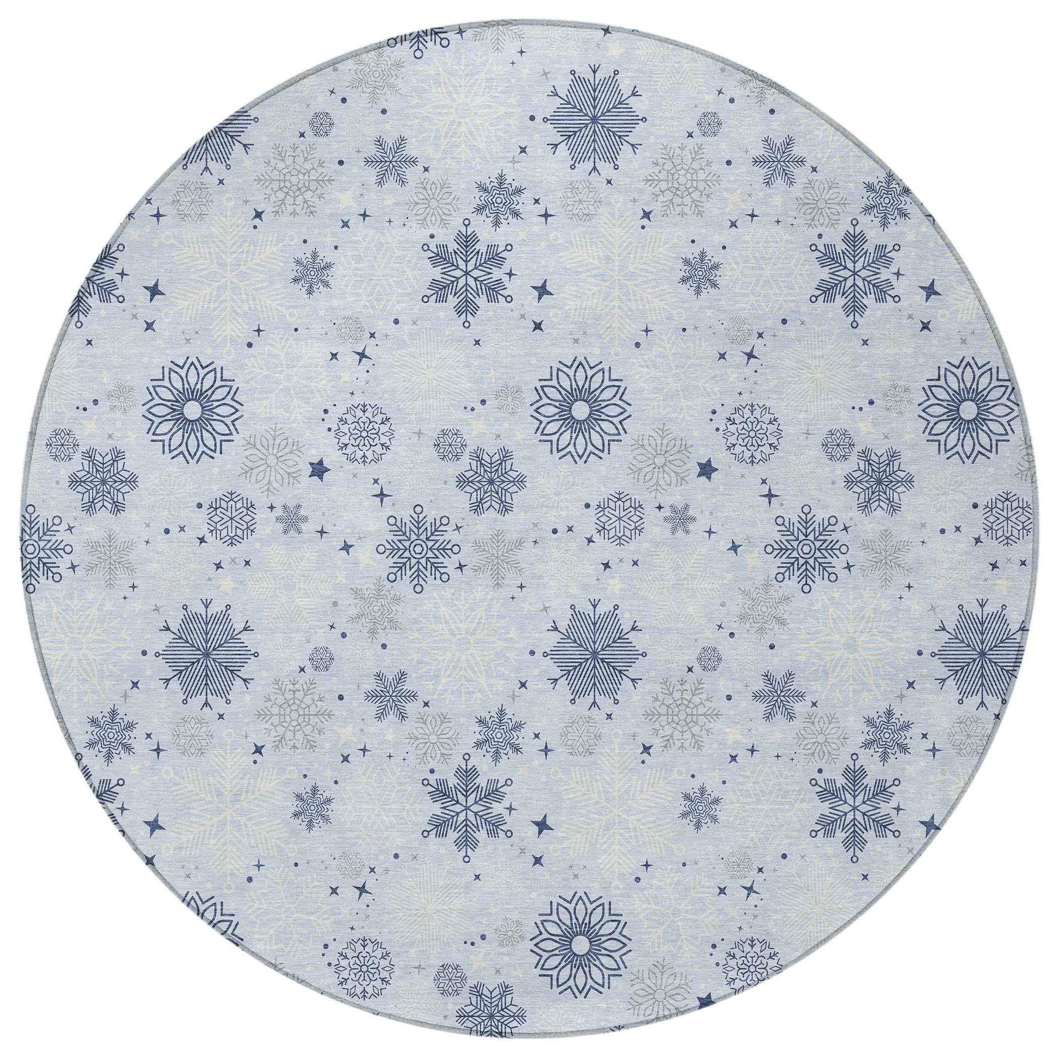 8' Sky Blue Navy Blue And Ivory Round Snowflake Washable Indoor Outdoor Area Rug