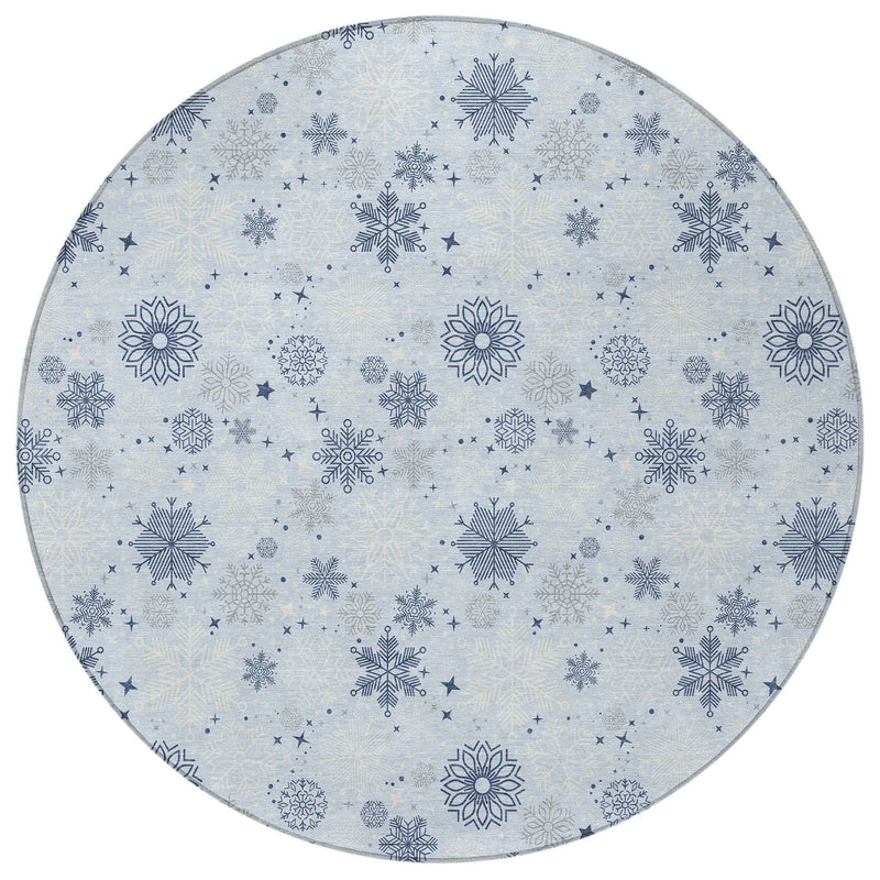 8' Sky Blue Navy Blue And Ivory Round Snowflake Washable Indoor Outdoor Area Rug