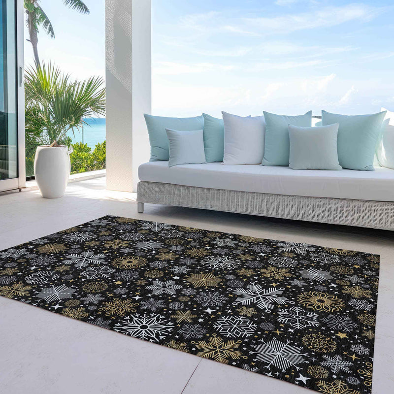 10' X 14' Black Gold And Gray Medallion Washable Indoor Outdoor Area Rug