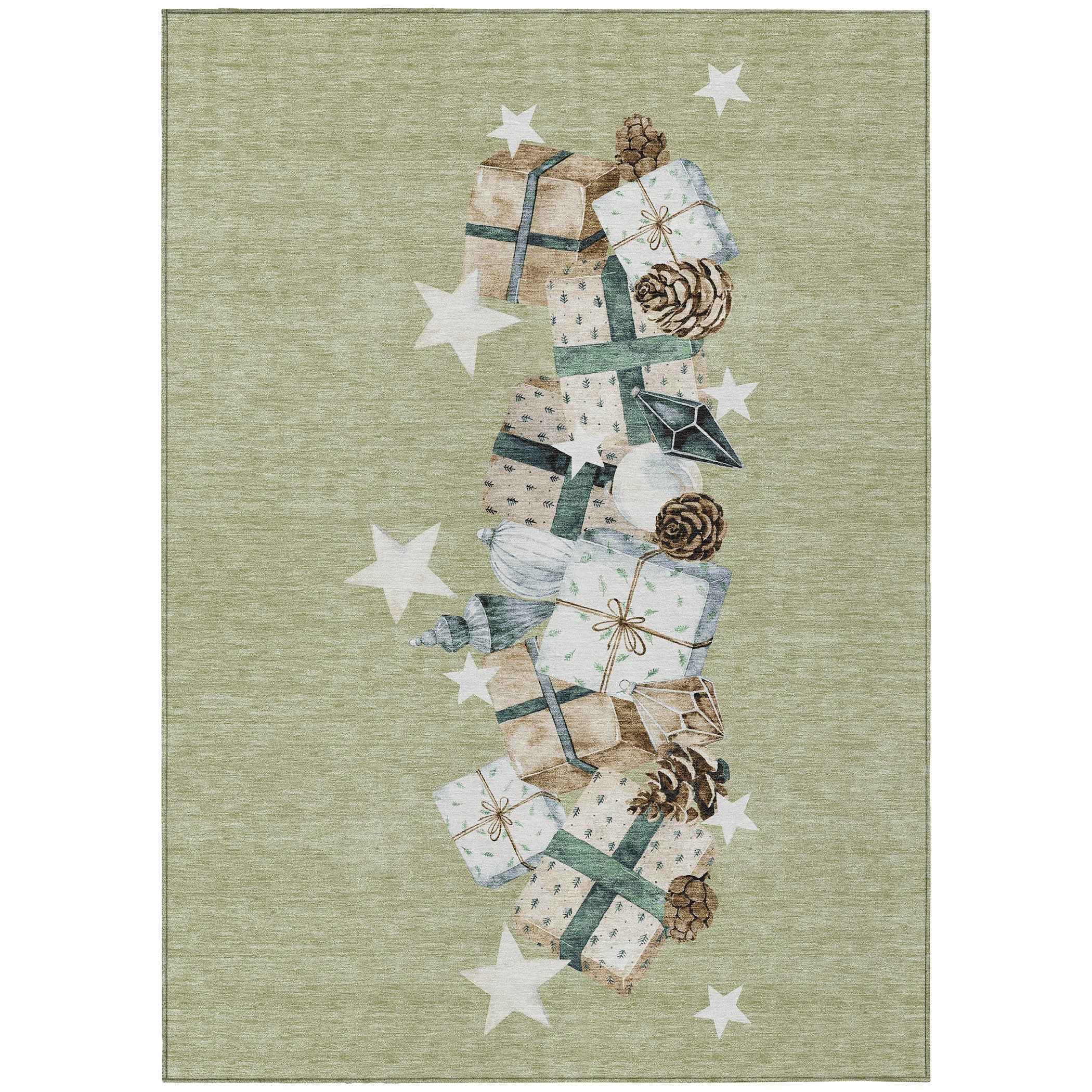 5' X 8' Artichoke Green Beige Ivory And Taupe Geometric Washable Indoor Outdoor Area Rug