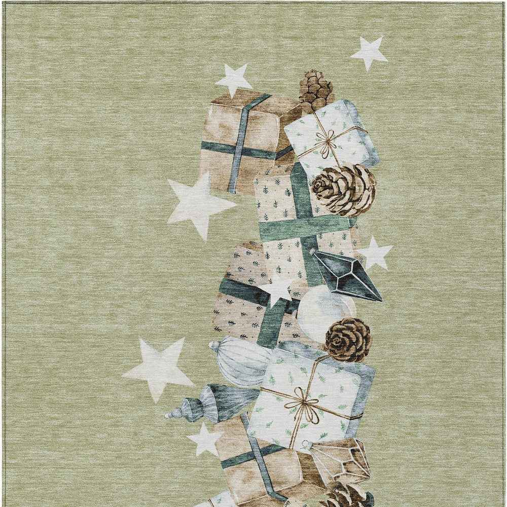 5' X 8' Artichoke Green Beige Ivory And Taupe Geometric Washable Indoor Outdoor Area Rug